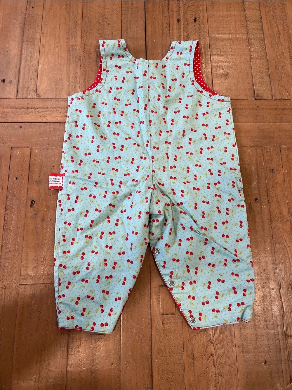 Boutique Aqua cherry print reversible red polka dot overalls 6-9 months